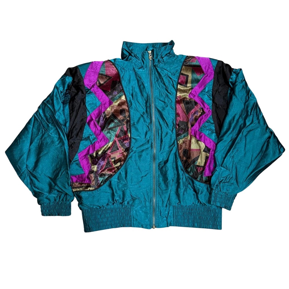 Vintage Lavon Teal Geometric Windbreaker Jacket 90s Abstract Velvet Trim Women M
